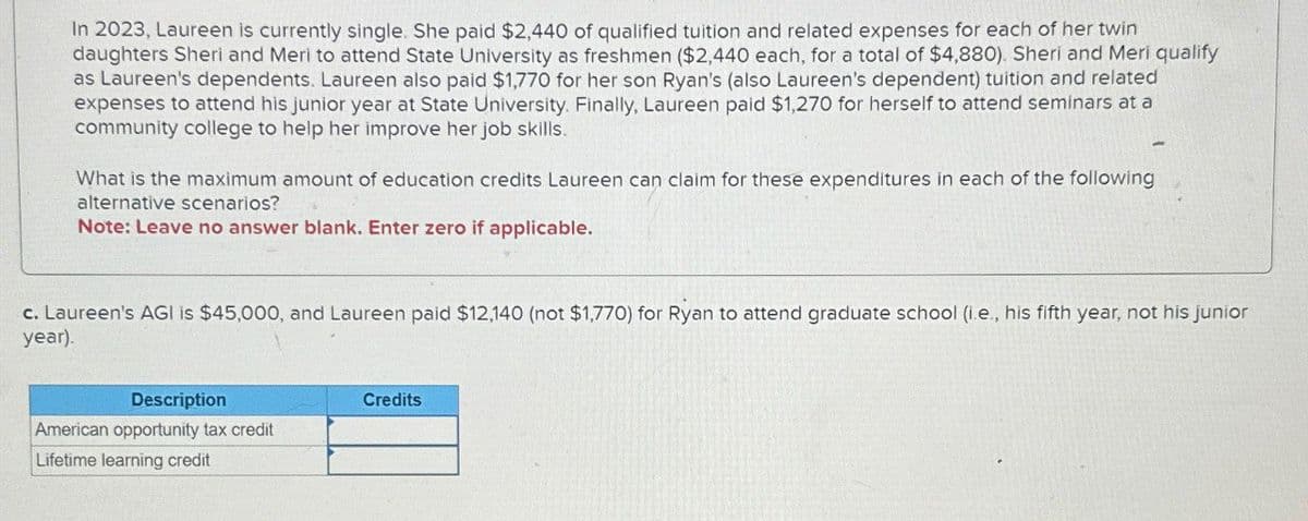In 2023, Laureen is currently single. She paid $2,440 of qualified tuition and related expenses for each of her twin
daughters Sheri and Meri to attend State University as freshmen ($2,440 each, for a total of $4,880). Sheri and Meri qualify
as Laureen's dependents. Laureen also paid $1,770 for her son Ryan's (also Laureen's dependent) tuition and related
expenses to attend his junior year at State University. Finally, Laureen paid $1,270 for herself to attend seminars at a
community college to help her improve her job skills.
What is the maximum amount of education credits Laureen can claim for these expenditures in each of the following
alternative scenarios?
Note: Leave no answer blank. Enter zero if applicable.
c. Laureen's AGI is $45,000, and Laureen paid $12,140 (not $1,770) for Ryan to attend graduate school (i.e., his fifth year, not his junior
year).
Description
American opportunity tax credit
Lifetime learning credit
Credits