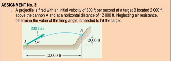 ASSIGNMENT No. 3:
1. A projectile is fired with an initial velocity of 800 ft per second at a target B located 2 000 ft
above the cannon A and at a horizontal distance of 12 000 ft. Neglecting air resistance,
determine the value of the firing angle, a needed to hit the target.
800 ft/s
B
2000 ft
A
- 12,000 ft
