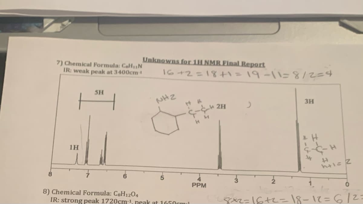 8
7) Chemical Formula: Cal₁IN
IR: weak peak at 3400cm-¹
1H
SH
Unknowns for 1H NMR Final Report
6
16+2=18+1=19-11=8/2=4
NH2
HH
8) Chemical Formula: C8H1204
IR: strong peak 1720cm-1, peak at 1650cm-1
PPM
2H
>
3H
4-14
H
H
H
h+1=2
2
16-17
8x2=16+2=18-12=6/2=
0