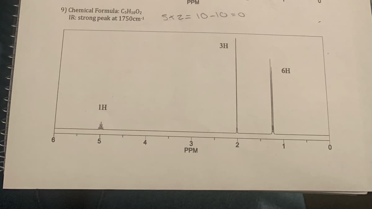 6
9) Chemical Formula: C5H1002
IR: strong peak at 1750cm-1
1H
PPM
5x2= 10-10=0
3
PPM
3H
6H