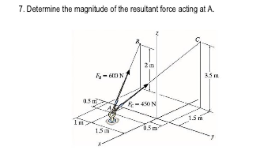 7. Determine the magnitude of the resultant force acting at A.
Fa- 600 N
35 m
0.5 m
-450
1.5 m
1.5 m
