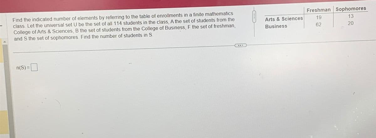 Find the indicated number of elements by referring to the table of enrollments in a finite mathematics
class. Let the universal set U be the set of all 114 students in the class, A the set of students from the
College of Arts & Sciences, B the set of students from the College of Business, F the set of freshman,
and S the set of sophomores. Find the number of students in S.
n(S) =
(...)
Arts & Sciences
Business
Freshman Sophomores
19
13
62
20