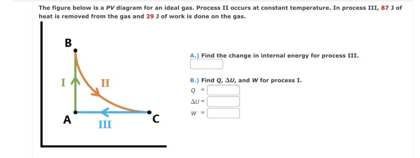 The figure below is a PV diagram for an ideal gas. Process II occurs at constant temperature. In process III, 87 J of
heat is removed from the gas and 29 J of work is done on the gas.
B
=
A
II
III
A.) Find the change in internal energy for process III.
B.) Find Q, AU, and W for process I.
=
AU=
W =