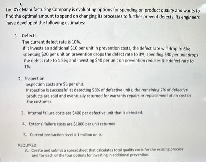 The XYZ Manufacturing Company is evaluating options for spending on product quality and wants to
find the optimal amount to spend on changing its processes to further prevent defects. Its engineers
have developed the following estimates:
1. Defects
The current defect rate is 10%.
If it invests an additional $10 per unit in prevention costs, the defect rate will drop to 6%;
spending $20 per unit on prevention drops the defect rate to 3%; spending $30 per unit drops
the defect rate to 1.5%; and investing $40 per unit on prevention reduces the defect rate to
1%.
2. Inspection
Inspection costs are $5 per unit.
Inspection is successful at detecting 98% of defective units; the remaining 2% of defective
products are sold and eventually returned for warranty repairs or replacement at no cost to
the customer.
3. Internal failure costs are $400 per defective unit that is detected.
4. External failure costs are $1000 per unit returned.
5. Current production level is 1 million units.
REQUIRED:
A. Create and submit a spreadsheet that calculates total quality costs for the existing process
and for each of the four options for investing in additional prevention.