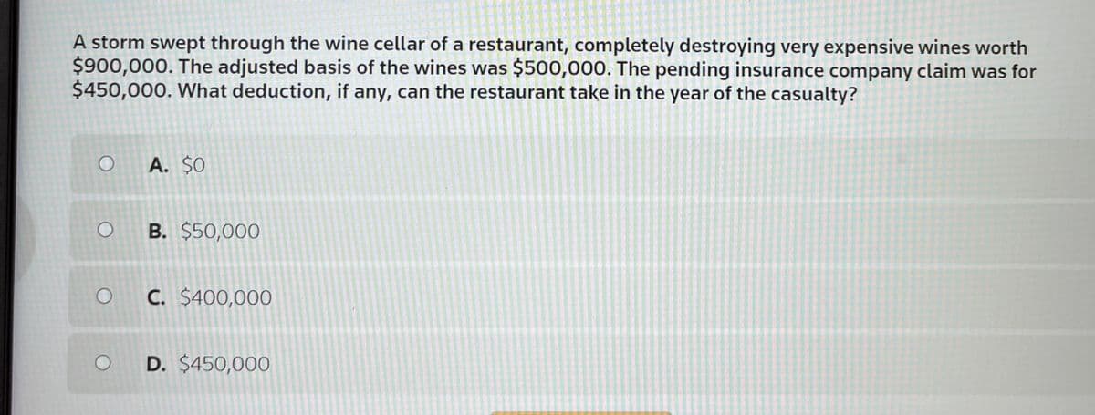 A storm swept through the wine cellar of a restaurant, completely destroying very expensive wines worth
$900,000. The adjusted basis of the wines was $500,000. The pending insurance company claim was for
$450,000. What deduction, if any, can the restaurant take in the year of the casualty?
O A. $0
O B. $50,000
C. $400,000
O
D. $450,000