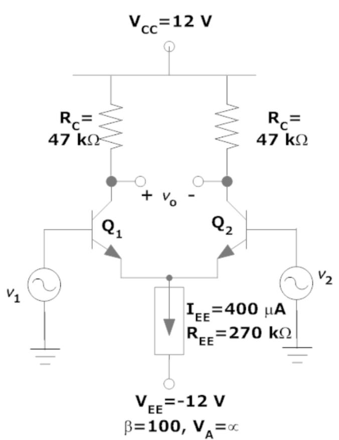 Vcc=12 V
47 k.
47 kN
+ Vo
Q2
V2
IE=400 µA
REF=270 k2
`EE
VEE=-12 V
B=100, V,=c
A
