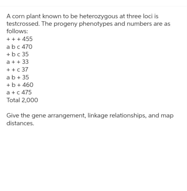 A corn plant known to be heterozygous at three loci is
testcrossed. The progeny phenotypes and numbers are as
follows:
+ + + 455
a b c 470
+ b c 35
a + + 33
+ + c 37
ab +35
+ b + 460
a + c 475
Total 2,000
Give the gene arrangement, linkage relationships, and map
distances.