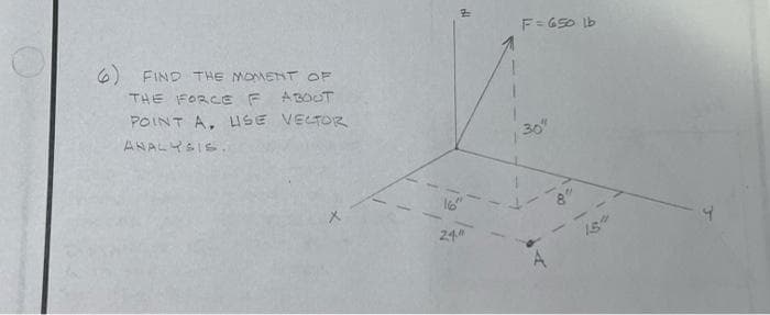 6) FIND THE MOMENT OF
THE FORCE F ABOUT
POINT A, USE VECTOR
ANALYSIS.
19
24"
F=650 lb
30"
154
