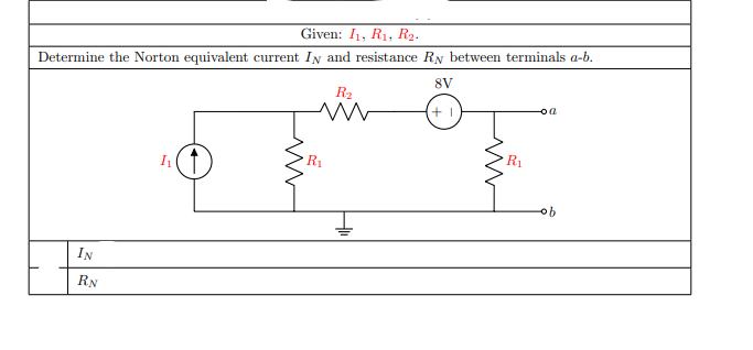 Given: I1, R1, R2.
Determine the Norton equivalent current IN and resistance RN between terminals a-b.
8V
R2
(+1
I1
R1
R1
ob
IN
RN
