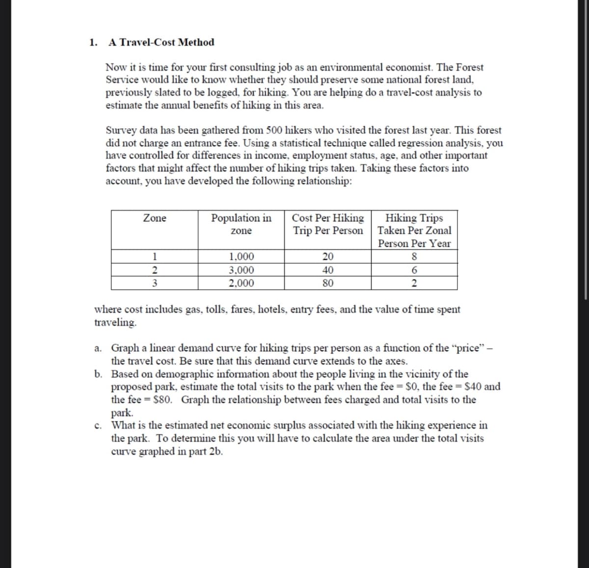 1. A Travel-Cost Method
Now it is time for your first consulting job as an environmental economist. The Forest
Service would like to know whether they should preserve some national forest land,
previously slated to be logged, for hiking. You are helping do a travel-cost analysis to
estimate the annual benefits of hiking in this area.
Survey data has been gathered from 500 hikers who visited the forest last year. This forest
did not charge an entrance fee. Using a statistical technique called regression analysis, you
have controlled for differences in income, employment status, age, and other important
factors that might affect the number of hiking trips taken. Taking these factors into
account, you have developed the following relationship:
Zone
1
2
3
Population in
zone
1,000
3.000
2,000
Cost Per Hiking
Trip Per Person
20
40
80
Hiking Trips
Taken Per Zonal
Person Per Year
8
6
2
where cost includes gas, tolls, fares, hotels, entry fees, and the value of time spent
traveling.
a. Graph a linear demand curve for hiking trips per person as a function of the "price" -
the travel cost. Be sure that this demand curve extends to the axes.
b.
Based on demographic information about the people living in the vicinity of the
proposed park, estimate the total visits to the park when the fee = $0, the fee = $40 and
the fee = $80. Graph the relationship between fees charged and total visits to the
park.
c. What is the estimated net economic surplus associated with the hiking experience in
the park. To determine this you will have to calculate the area under the total visits
curve graphed in part 2b.