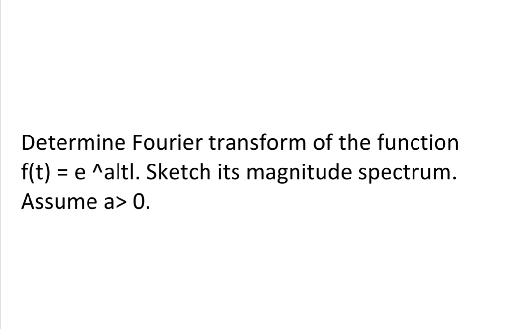 Determine Fourier transform of the function
f(t) = e ^altl. Sketch its magnitude spectrum.
Assume a> 0.
