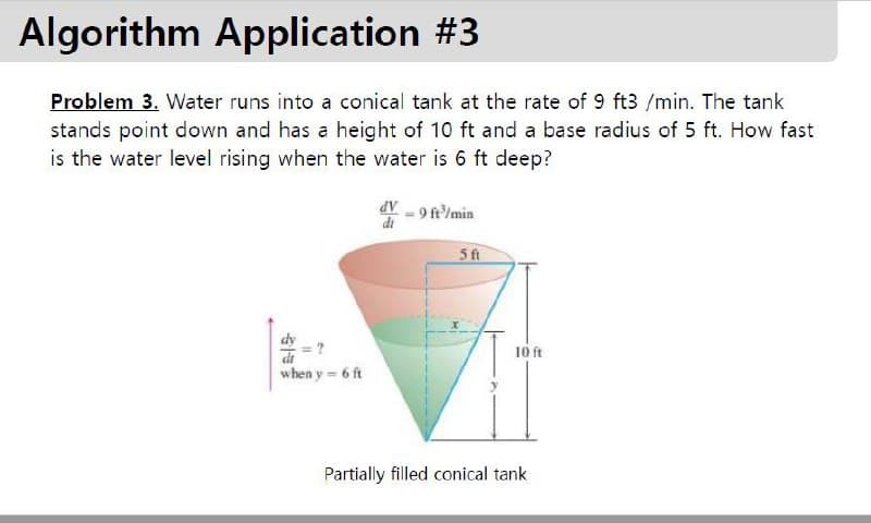 Algorithm Application #3
Problem 3. Water runs into a conical tank at the rate of 9 ft3 /min. The tank
stands point down and has a height of 10 ft and a base radius of 5 ft. How fast
is the water level rising when the water is 6 ft deep?
dV -9 ft'/min
5ft
10 ft
when y= 6 ft
Partially filled conical tank
