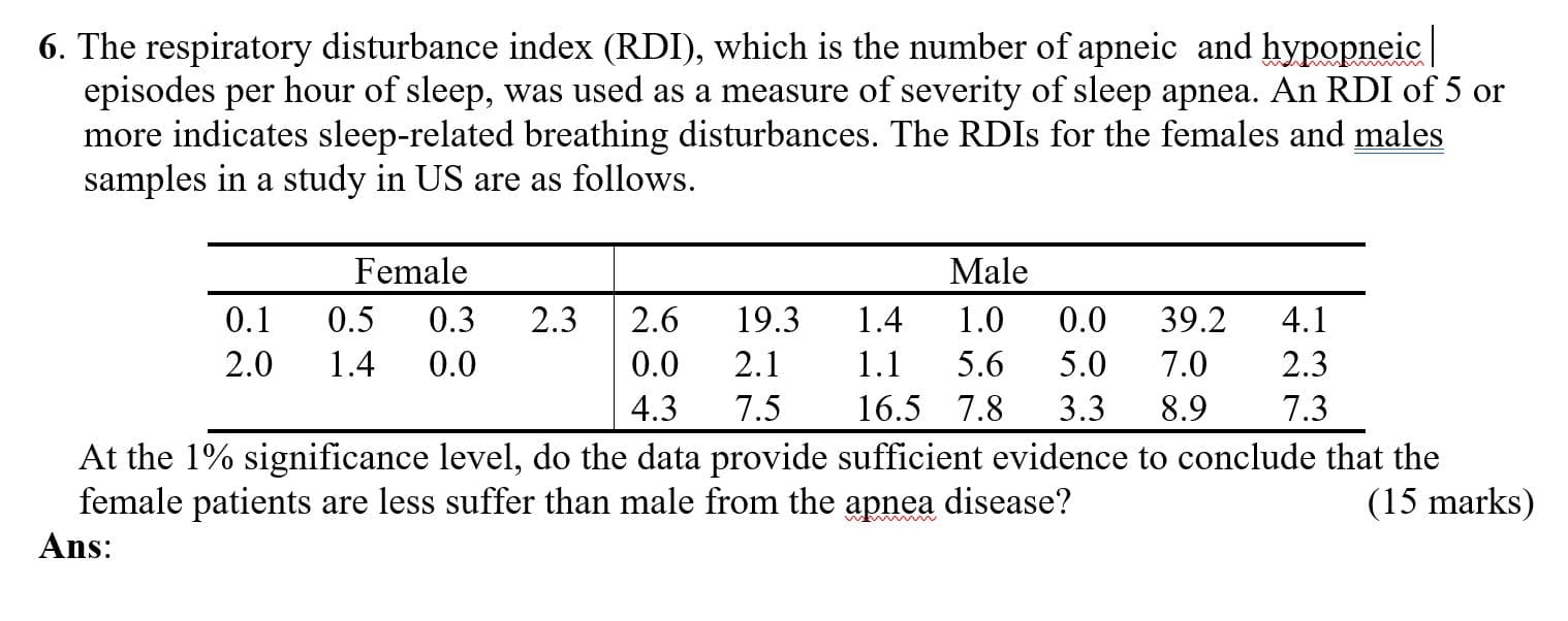 6. The respiratory disturbance index (RDI), which is the number of apneic and hypopneic
episodes per hour of sleep, was used as a measure of severity of sleep apnea. An RDI of 5 or
more indicates sleep-related breathing disturbances. The RDIS for the females and males
samples in a study in US are as follows.
Female
Male
0.1
0.5
0.3
2.3
2.6
19.3
1.4
1.0
0.0
39.2
4.1
2.0
1.4
0.0
0.0
2.1
1.1
5.6
5.0
7.0
2.3
4.3
7.5
16.5 7.8
3.3
8.9
7.3
At the 1% significance level, do the data provide sufficient evidence to conclude that the
female patients are less suffer than male from the apnea disease?
(15 marks)
Ans:
