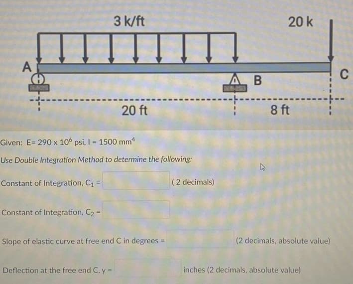 3 k/ft
A
Given: E= 290 x 106 psi, I = 1500 mm¹
Use Double Integration Method to determine the following:
Constant of Integration, C₁ =
Constant of Integration, C₂ =
Slope of elastic curve at free end C in degrees =
Deflection at the free end C, y =
20 ft
(2 decimals)
B
20 k
8 ft
(2 decimals, absolute value)
inches (2 decimals, absolute value)
C