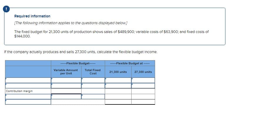 Required Information
[The following information applies to the questions displayed below.]
The fixed budget for 21,300 units of production shows sales of $489,900; variable costs of $63,900; and fixed costs of
$144,000.
If the company actually produces and sells 27,300 units, calculate the flexible budget Income.
Contribution margin
------Flexible Budget------
Variable Amount
per Unit
Total Fixed
Cost
------Flexible Budget at-
21,300 units 27,300 units