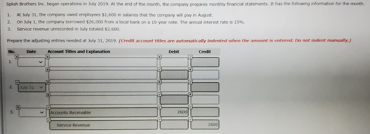 Splish Brothers Inc. began operations in July 2019. At the end of the month, the company prepares monthly financial statements. It has the following information for the month.
At July 31, the company owed employees $1,600 in salaries that the company will pay in August.
On July 1, the company borrowed $26,000 from a local bank on a 10-year note. The annual interest rate is 15%.
1.
2.
3.
Service revenue unrecorded in July totaled $2,600.
Prepare the adjusting entries needed at July 31, 2019. (Credit account titles are automatically indented when the amount is entered. Do not indent manually.)
No.
Date
Account Titles and Explanation
Debit
Credit
1.
2.
July 31
3.
Accounts Receivable
2600
Service Revenue
2600
