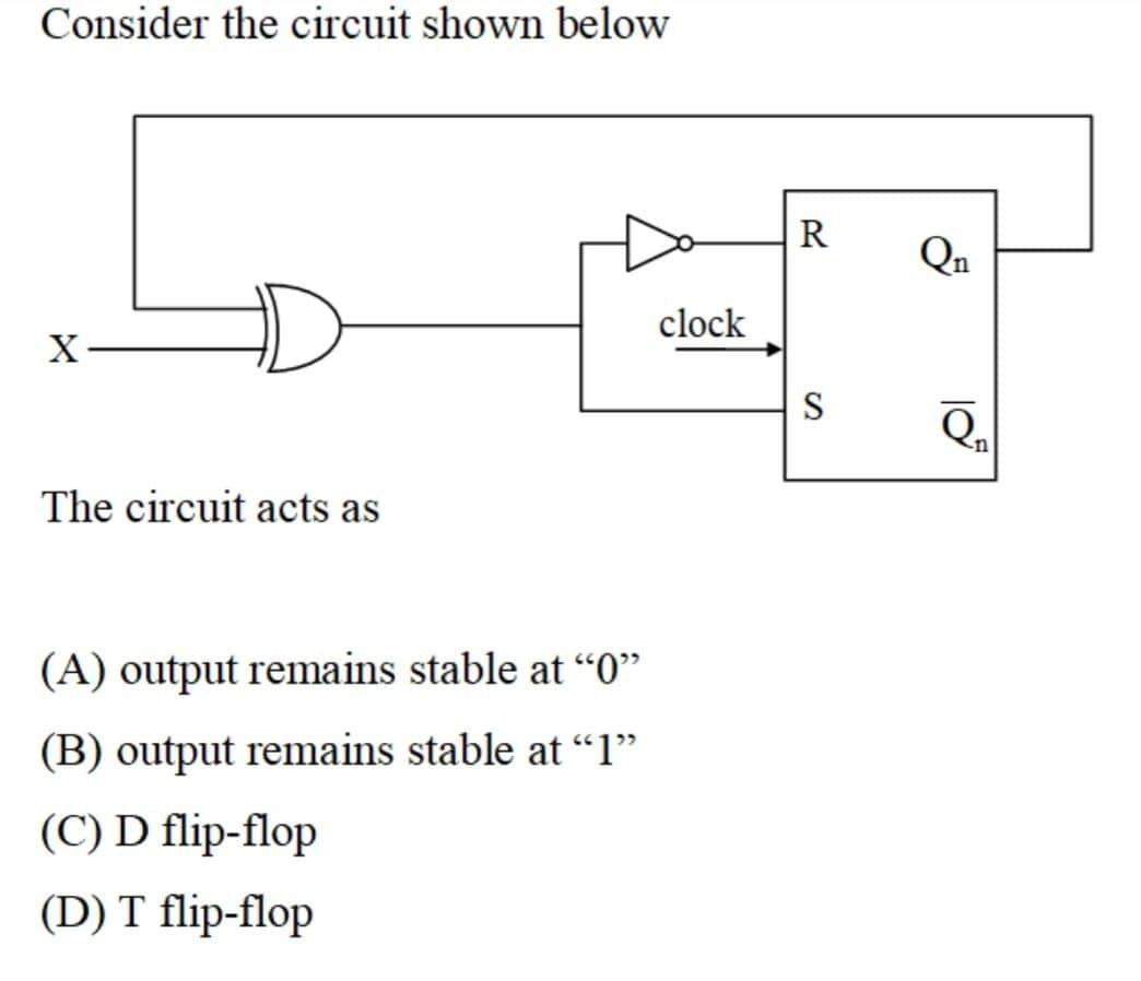 Consider the circuit shown below
R
Qn
clock
S
The circuit acts as
(A) output remains stable at “O"
(B) output remains stable at “l"
(C) D flip-flop
(D) T flip-flop
