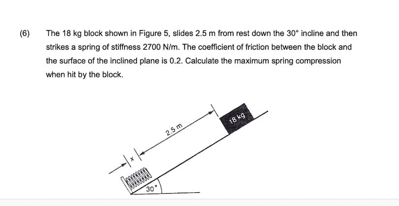 (6)
The 18 kg block shown in Figure 5, slides 2.5 m from rest down the 30° incline and then
strikes a spring of stiffness 2700 N/m. The coefficient of friction between the block and
the surface of the inclined plane is 0.2. Calculate the maximum spring compression
when hit by the block.
2.5 m
18 kg
30°
