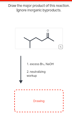Draw the major product of this reaction.
Ignore inorganic byproducts.
1. excess Bra, NaOH
2. neutralizing
workup
Drawing