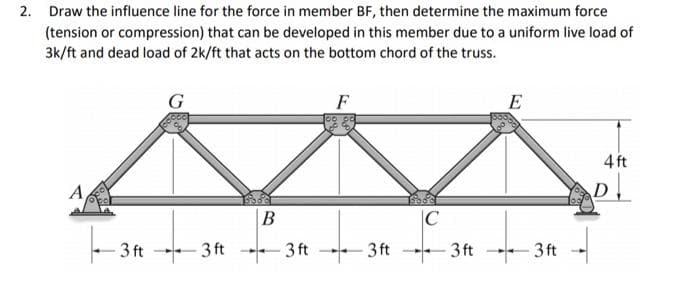 2. Draw the influence line for the force in member BF, then determine the maximum force
(tension or compression) that can be developed in this member due to a uniform live load of
3k/ft and dead load of 2k/ft that acts on the bottom chord of the truss.
A
G
F
E
4 ft
D↓
B
C
|--3ft
-3 ft 3 ft 3 ft 3 ft 3 ft 3ft
4