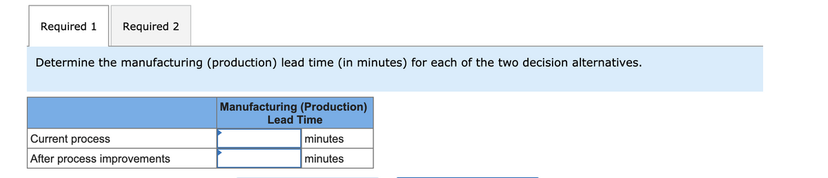Required 1
Required 2
Determine the manufacturing (production) lead time (in minutes) for each of the two decision alternatives.
Manufacturing (Production)
Lead Time
Current process
minutes
After process improvements
minutes
