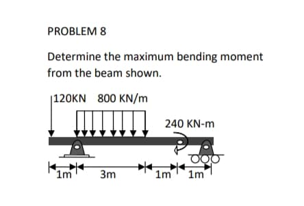 PROBLEM 8
Determine the maximum bending moment
from the beam shown.
|120KN 800 KN/m
240 KN-m
1m
3m
1m 1m
