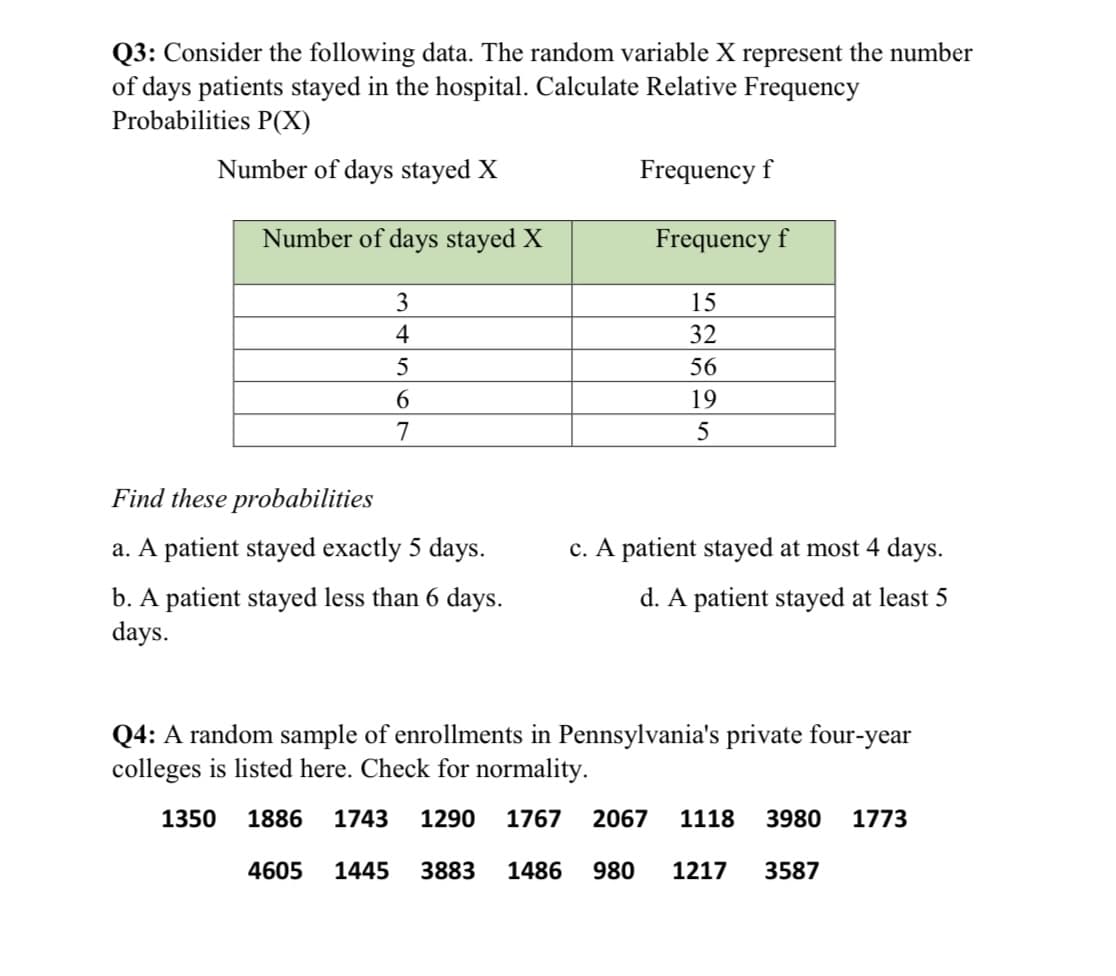 Q3: Consider the following data. The random variable X represent the number
of days patients stayed in the hospital. Calculate Relative Frequency
Probabilities P(X)
Number of days stayed X
Frequency f
Number of days stayed X
Frequency f
3
15
4
32
56
6.
19
7
Find these probabilities
a. A patient stayed exactly 5 days.
c. A patient stayed at most 4 days.
b. A patient stayed less than 6 days.
days.
d. A patient stayed at least 5
Q4: A random sample of enrollments in Pennsylvania's private four-year
colleges is listed here. Check for normality.
1350
1886
1743
1290
1767
2067
1118
3980
1773
4605
1445
3883
1486
980
1217
3587
