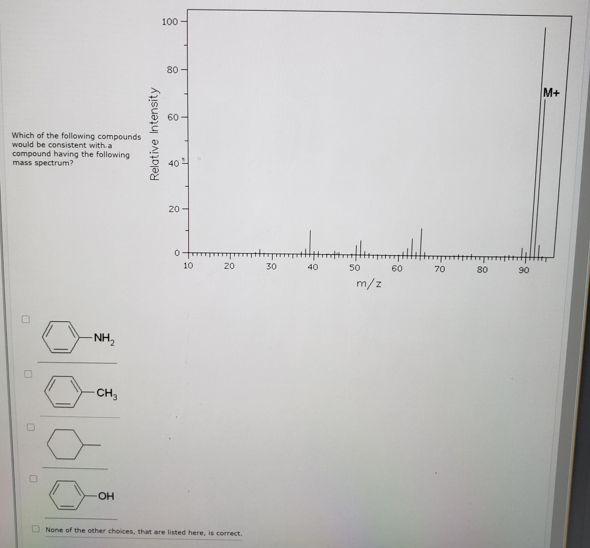 100
80
M+
60
Which of the following compounds
would be consistent with-a
compound having the following
mass spectrum?
ulu
80
10
20
30
40
50
60
70
90
m/z
NH2
CH3
HO-
None of the other choices, that are listed here, is correct.
40
20
Relative Intensity
