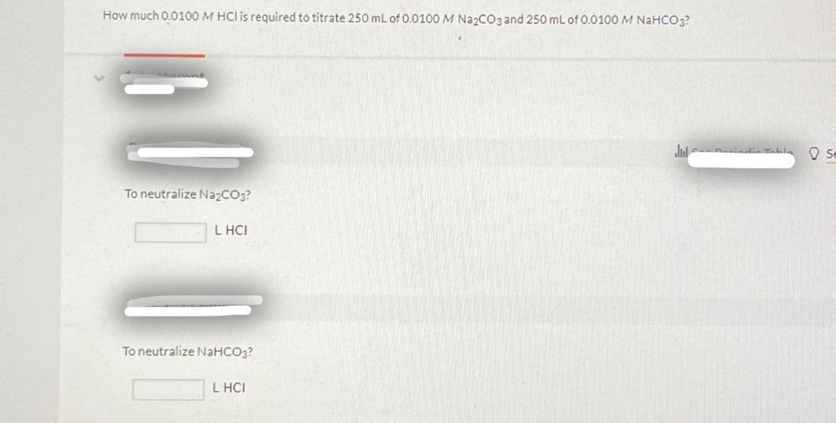 How much 0.0100 M HCI is required to titrate 250 mL of 0.0100 M Na2CO3 and 250 mL of 0.0100 M NaHCO3?
To neutralize Na2CO3?
L HCI
To neutralize NaHCO3?
LHCI
J
Tabla
Se