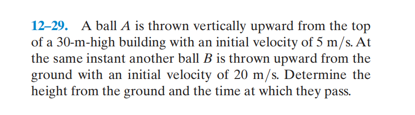 12–29. A ball A is thrown vertically upward from the top
of a 30-m-high building with an initial velocity of 5 m/s. At
the same instant another ball B is thrown upward from the
ground with an initial velocity of 20 m/s. Determine the
height from the ground and the time at which they pass.
