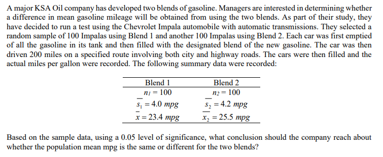 A major KSA Oil company has developed two blends of gasoline. Managers are interested in determining whether
a difference in mean gasoline mileage will be obtained from using the two blends. As part of their study, they
have decided to run a test using the Chevrolet Impala automobile with automatic transmissions. They selected a
random sample of 100 Impalas using Blend 1 and another 100 Impalas using Blend 2. Each car was first emptied
of all the gasoline in its tank and then filled with the designated blend of the new gasoline. The car was then
driven 200 miles on a specified route involving both city and highway roads. The cars were then filled and the
actual miles per gallon were recorded. The following summary data were recorded:
Blend 1
ni = 100
s₁ = 4.0 mpg
x = 23.4 mpg
Blend 2
n₂ = 100
S₂ = 4.2 mpg
x₂ = 25.5 mpg
Based on the sample data, using a 0.05 level of significance, what conclusion should the company reach about
whether the population mean mpg is the same or different for the two blends?