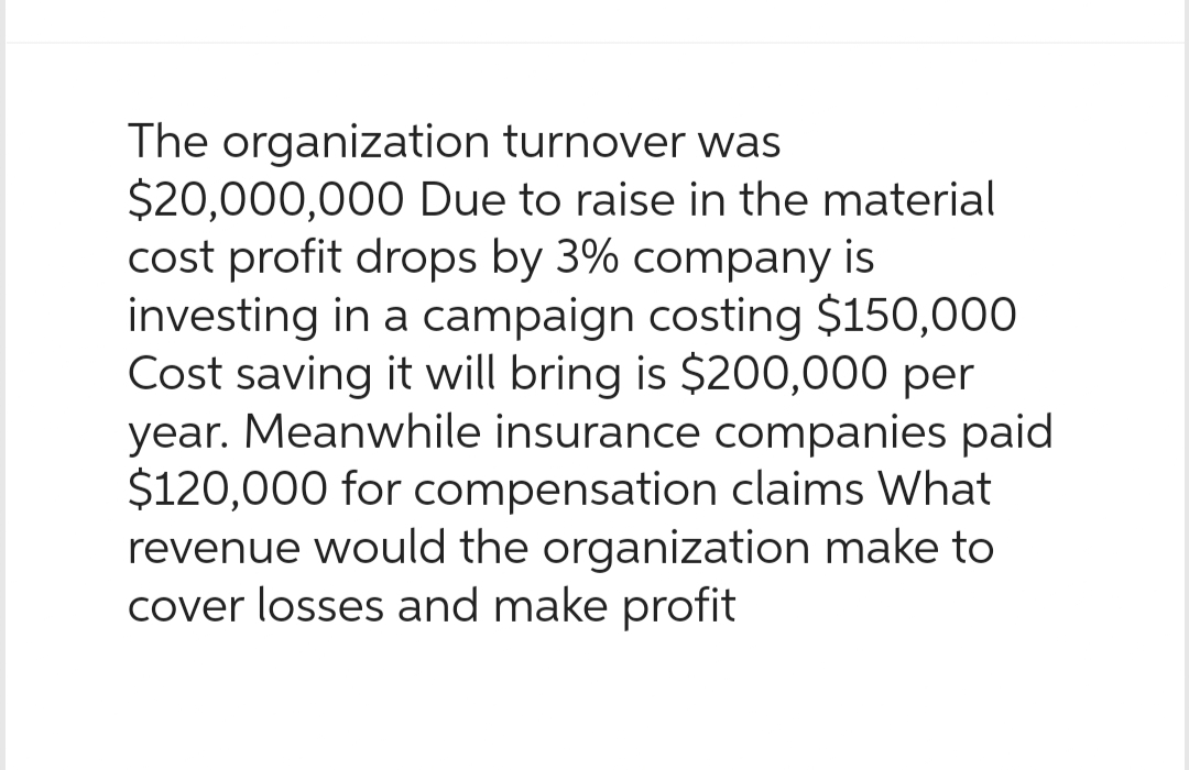 The organization turnover was
$20,000,000 Due to raise in the material
cost profit drops by 3% company is
investing in a campaign costing $150,000
Cost saving it will bring is $200,000 per
year. Meanwhile insurance companies paid
$120,000 for compensation claims What
revenue would the organization make to
cover losses and make profit