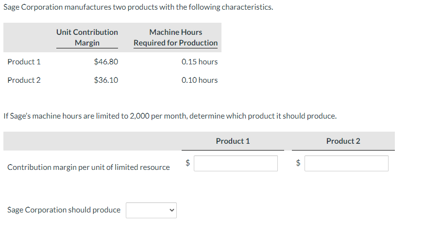 Sage Corporation manufactures two products with the following characteristics.
Product 1
Product 2
Unit Contribution
Margin
$46.80
$36.10
Machine Hours
Required for Production
If Sage's machine hours are limited to 2,000 per month, determine which product it should produce.
Contribution margin per unit of limited resource
Sage Corporation should produce
0.15 hours
0.10 hours
Product 1
+A
$
Product 2
