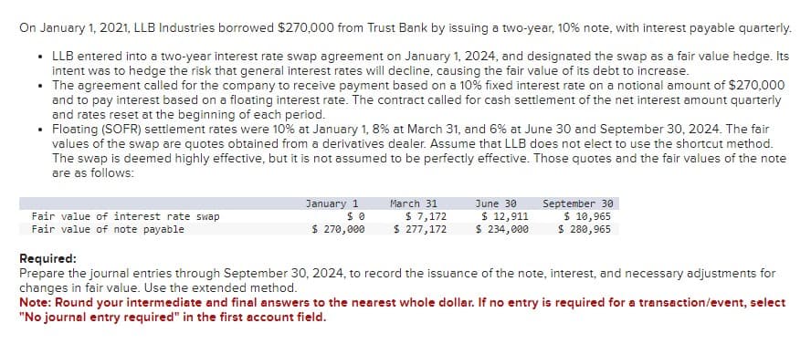 On January 1, 2021, LLB Industries borrowed $270,000 from Trust Bank by issuing a two-year, 10% note, with interest payable quarterly.
• LLB entered into a two-year interest rate swap agreement on January 1, 2024, and designated the swap as a fair value hedge. Its
intent was to hedge the risk that general interest rates will decline, causing the fair value of its debt to increase.
• The agreement called for the company to receive payment based on a 10% fixed interest rate on a notional amount of $270,000
and to pay interest based on a floating interest rate. The contract called for cash settlement of the net interest amount quarterly
and rates reset at the beginning of each period.
• Floating (SOFR) settlement rates were 10% at January 1, 8% at March 31, and 6% at June 30 and September 30, 2024. The fair
values of the swap are quotes obtained from a derivatives dealer. Assume that LLB does not elect to use the shortcut method.
The swap is deemed highly effective, but it is not assumed to be perfectly effective. Those quotes and the fair values of the note
are as follows:
Fair value of interest rate swap
Fair value of note payable
January 1
$0
$ 270,000
March 31
$ 7,172
$ 277,172
June 30
$ 12,911
$ 234,000
September 30
$ 10,965
$ 280,965
Required:
Prepare the journal entries through September 30, 2024, to record the issuance of the note, interest, and necessary adjustments for
changes in fair value. Use the extended method.
Note: Round your intermediate and final answers to the nearest whole dollar. If no entry is required for a transaction/event, select
"No journal entry required" in the first account field.