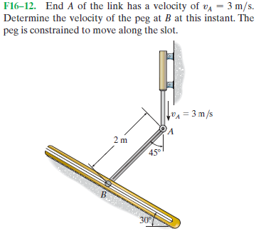 F16–12. End A of the link has a velocity of va = 3 m/s.
Determine the velocity of the peg at B at this instant. The
peg is constrained to move along the slot.
v^ = 3m/s
2 m
45
30
