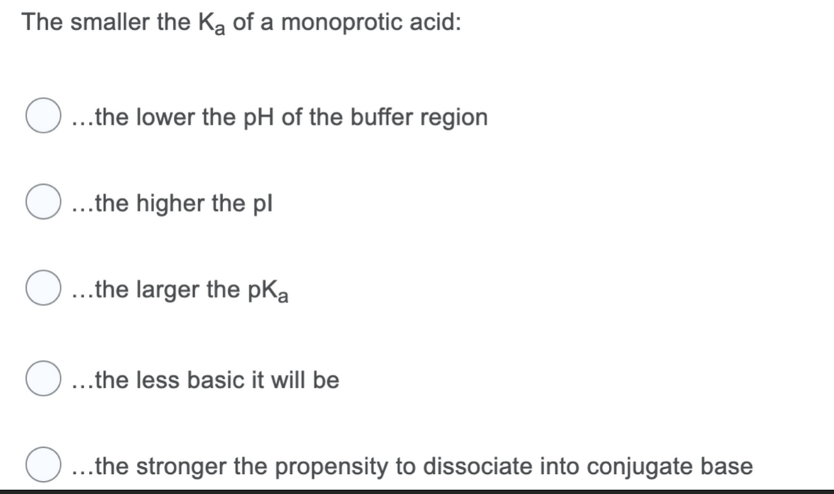 The smaller the Ka of a monoprotic acid:
...the lower the pH of the buffer region
O...the higher the pl
O...the larger the pKa
O...the less basic it will be
O...the stronger the propensity to dissociate into conjugate base