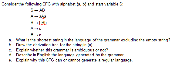 Consider the following CFG with alphabet {a, b} and start variable S:
S- AB
A- aAa
B- ÞBb
a. What is the shortest string in the language of the grammar excluding the empty string?
b. Draw the derivation tree for the string in (a).
c. Explain whether this grammar is ambiguous or not?
d. Describe in English the language generated by the grammar.
e. Explain why this CFG can or cannot generate a regular language.
