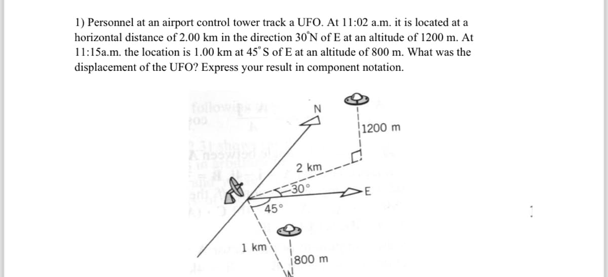 1) Personnel at an airport control tower track a UFO. At 11:02 a.m. it is located at a
horizontal distance of 2.00 km in the direction 30'N of E at an altitude of 1200 m. At
11:15a.m. the location is 1.00 km at 45° S of E at an altitude of 800 m. What was the
displacement of the UFO? Express your result in component notation.
200
45°
1 km
2 km
-30°
1800 m
1200 m
E