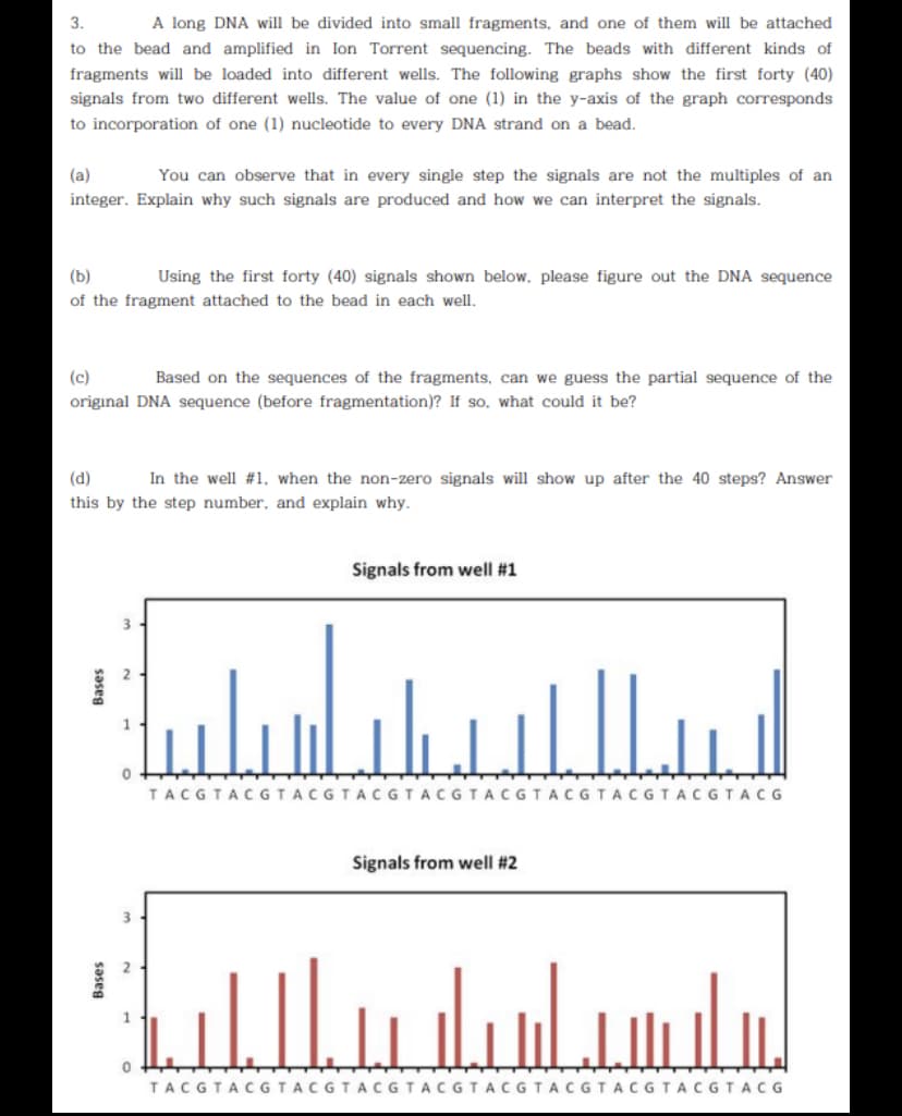 3.
A long DNA will be divided into small fragments, and one of them will be attached
to the bead and amplified in Ion Torrent sequencing. The beads with different kinds of
fragments will be loaded into different wells. The following graphs show the first forty (40)
signals from two different wells. The value of one (1) in the y-axis of the graph corresponds
to incorporation of one (1) nucleotide to every DNA strand on a bead.
(a)
You can observe that in every single step the signals are not the multiples of an
integer. Explain why such signals are produced and how we can interpret the signals.
(b)
Using the first forty (40) signals shown below, please figure out the DNA sequence
of the fragment attached to the bead in each well.
(c)
Based on the sequences of the fragments, can we guess the partial sequence of the
original DNA sequence (before fragmentation)? If so, what could it be?
(d)
In the well #1, when the non-zero signals will show up after the 40 steps? Answer
this by the step number, and explain why.
Signals from well #1
3
TACGTACGTACGTACGTACGTACGTACGTACGTACGTACG
Signals from well #2
ليليسيلسللل.
TACGTACGTACGTACGTACGT ACGTACGTACGTACGTACG
Bases
saseg
