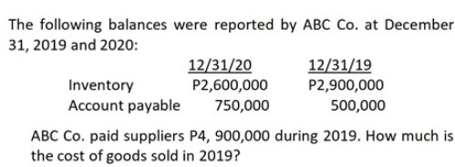 The following balances were reported by ABC Co. at December
31, 2019 and 2020:
12/31/20
P2,600,000
12/31/19
P2,900,000
500,000
Inventory
Account payable
750,000
ABC Co. paid suppliers P4, 900,000 during 2019. How much is
the cost of goods sold in 2019?
