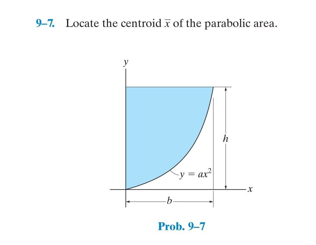 9-7.
Locate the centroid x of the parabolic
area.
y
y = ax²
X-
Prob. 9–7
