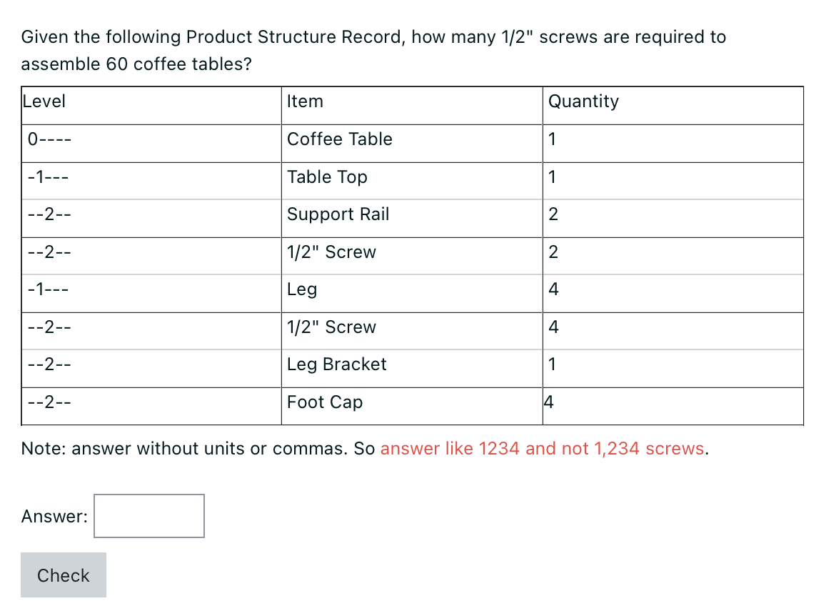 Given the following Product Structure Record, how many 1/2" screws are required to
assemble 60 coffee tables?
Level
0----
-1---
--2--
--2--
-1---
--2--
--2--
--2--
Answer:
Item
Check
Coffee Table
Table Top
Support Rail
1/2" Screw
Leg
1/2" Screw
Leg Bracket
Foot Cap
Quantity
1
1
2
2
4
4
1
Note: answer without units or commas. So answer like 1234 and not 1,234 screws.
14