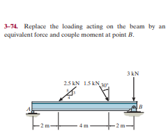 3-74. Replace the loading acting on the beam by an
equivalent force and couple moment at point B.
3 kN
2.5 kN 15 kN
30
в
