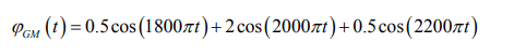 Posr (t) = 0.5 cos (1800tt)+2cos(2000nt)+0.5cos(2200rt)
%3D
