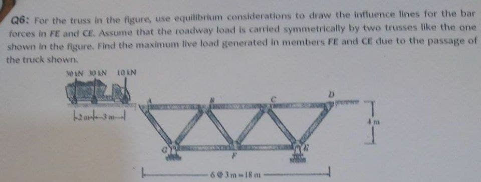 Q6: For the truss in the figure, use equilibrium considerations to draw the influence lines for the bar
forces in FE and CE. Assume that the roadway load is carried symmetrically by two trusses like the one
shown in the figure. Find the maximum live load generated in members FE and CE due to the passage of
the truck shown.
30AN 30 EN 10EN
603m-18m
4 m