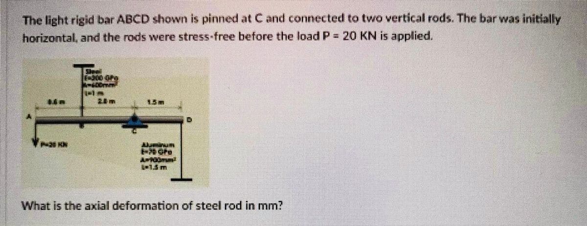 The light rigid bar ABCD shown is pinned at C and connected to two vertical rods. The bar was initially
horizontal, and the rods were stress-free before the loadP 20 KN is applied.
15m
What is the axial deformation of stecl rod in mm?
