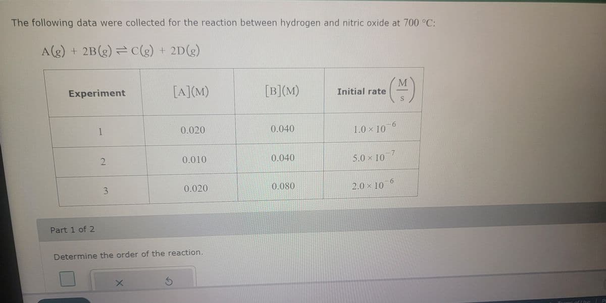 The following data were collected for the reaction between hydrogen and nitric oxide at 700 °C:
A(g) + 2B (g) = C(g) + 2D(g)
Experiment
Part 1 of 2
1
2
3
[A](M)
X
0.020
S
0.010
Determine the order of the reaction.
0.020
[B](M)
0.040
0.040
0.080
Initial rate
1.0 × 10-6
-7
5.0×10 7
2.0 × 10
-6
S
orms of se