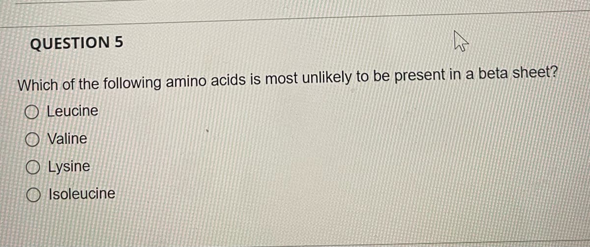 QUESTION 5
Which of the following amino acids is most unlikely to be present in a beta sheet?
O Leucine
O Valine
O Lysine
O Isoleucine
