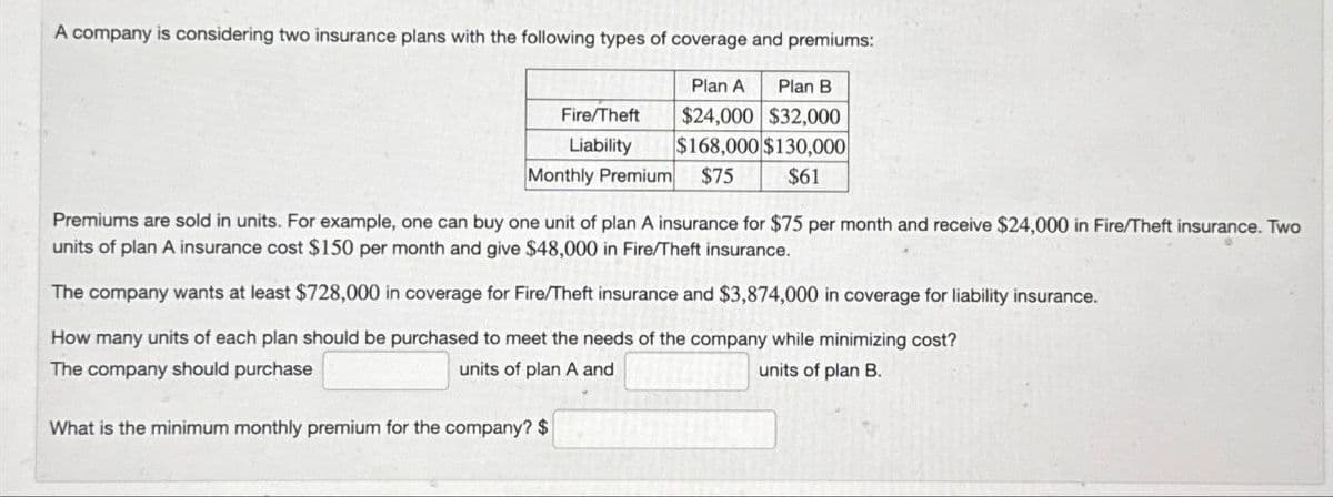 A company is considering two insurance plans with the following types of coverage and premiums:
Fire/Theft
Liability
Monthly Premium
Plan A Plan B
$24,000 $32,000
$168,000 $130,000
$75
$61
Premiums are sold in units. For example, one can buy one unit of plan A insurance for $75 per month and receive $24,000 in Fire/Theft insurance. Two
units of plan A insurance cost $150 per month and give $48,000 in Fire/Theft insurance.
The company wants at least $728,000 in coverage for Fire/Theft insurance and $3,874,000 in coverage for liability insurance.
How many units of each plan should be purchased to meet the needs of the company while minimizing cost?
The company should purchase
units of plan A and
What is the minimum monthly premium for the company? $
units of plan B.