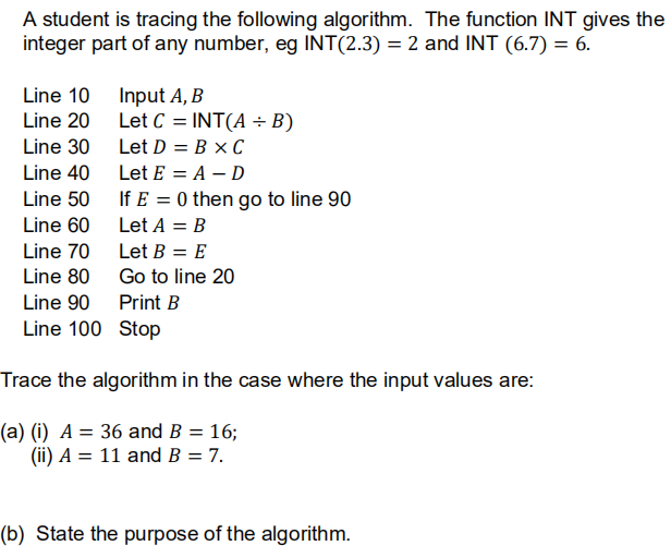 A student is tracing the following algorithm. The function INT gives the
integer part of any number, eg INT(2.3) = 2 and INT (6.7) = 6.
Line 10 Input A, B
Line 20 Let C = INT(A ÷ B)
Line 30
Let D = B × C
Line 40
Let E = A – D
Line 50 If E = 0 then go to line 90
Line 60
Let A = B
Line 70
Let B = E
Line 80 Go to line 20
Line 90 Print B
Line 100 Stop
Trace the algorithm in the case where the input values are:
(a) (i) A = 36 and B = 16;
(ii) A = 11 and B = 7.
(b) State the purpose of the algorithm.
